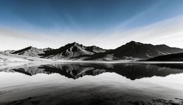 Reflecting mountain range mirroring on alpine lake with mirror symmetry and calm shoreline