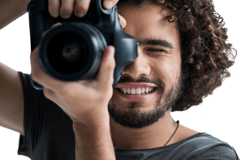 smiling man photographing with professional camera in transparent background - Download Free Stock Videos Pikwizard.com