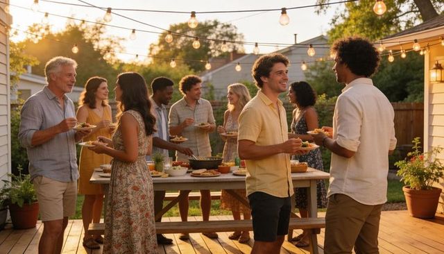 Golden hour backyard gathering friends chatting over dinner on deck with string lights