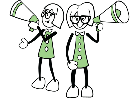 Transparent cartoon figures with megaphones promoting concepts