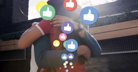 Casual couples hug with social media thumbs-up animation
