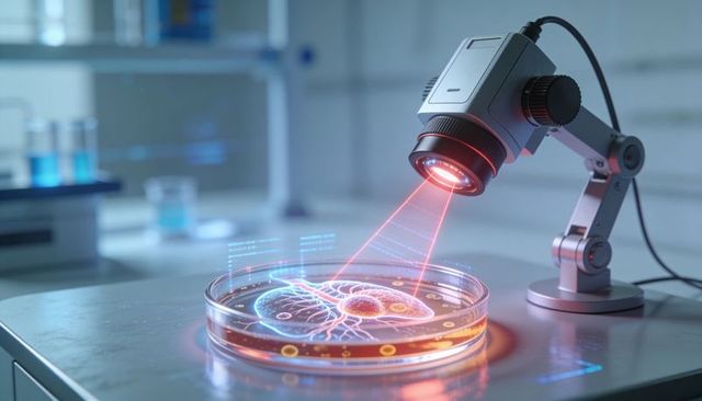 Robotic microscope scanning organoid on petri dish projecting holographic vascular map