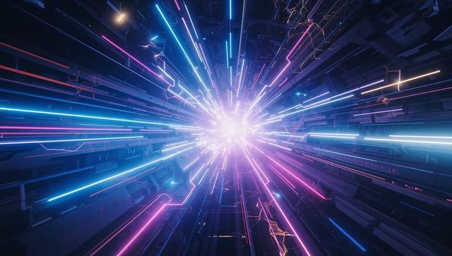 Neon beams radiate from cyberpunk digital tunnel core