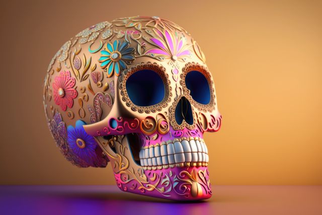 Pink mexican decorative sugar skull with flowers, using generative ai technology. Skull, mexico and traditional concept.