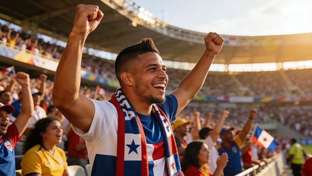 Tri-color scarf soccer fan celebrating victory amid chanting crowds in sunlit stadium