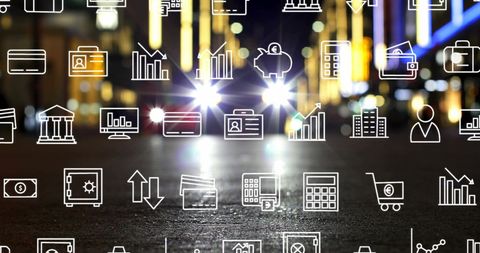 digital business icons overlay on night cityscape - Download Free Stock Images Pikwizard.com