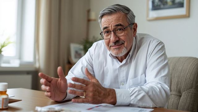 Senior man gesturing while explaining medication and paperwork during home consultation