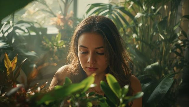 Woman Caring for Indoor Plants in Greenhouse Oasis