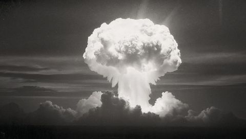 Dramatic Mushroom Cloud Domination, Illuminated High Altitude Sky, Monochrome Vision