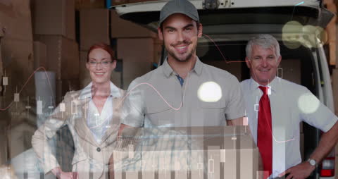 Happy Warehouse Team with Financial Data Overlay