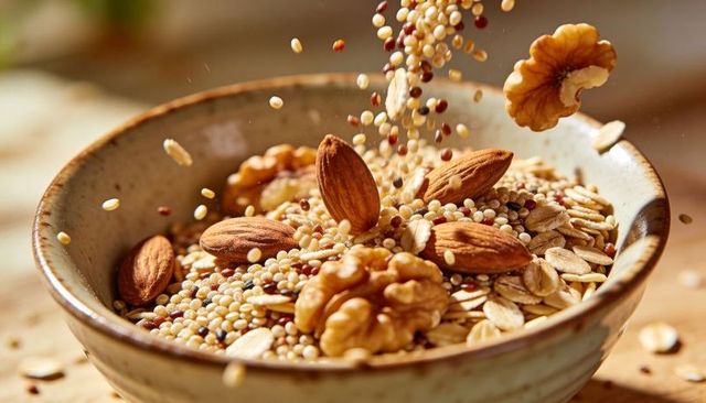 Sprinkling quinoa, oats and mixed nuts into ceramic bowl for healthy breakfast and meal prep