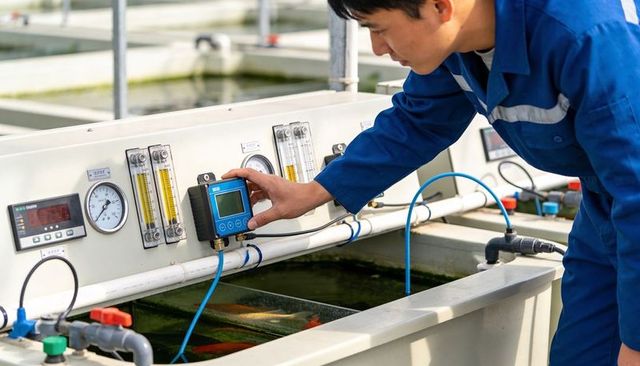 Aquaculture technician monitoring water quality at koi farm using digital meter and gauges