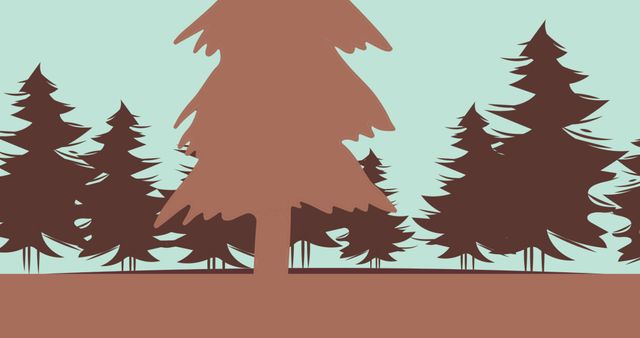 Illustrative image of brown pine trees growing on land against clear blue sky in forest, copy space. Vector, abstract, nature and scenery concept.