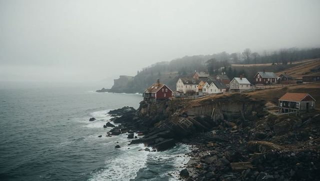 Foggy coastal village perched on rocky cliff with colorful cottages and churning sea