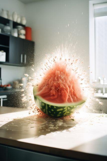 Watermelon exploding on kitchen counter in bright daylight creating a burst of juice and seeds flying everywhere. Ideal for illustrating concepts of freshness, energy, and dynamic action. Suitable for blogs, food advertisements, kitchen appliance promotions, or illustrating chaos and unexpected events in a visually compelling manner.