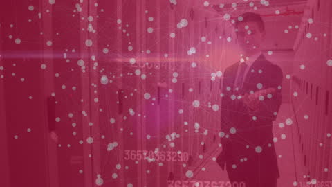 Businessman in Data Center with Digital Interface Overlay