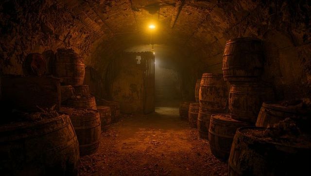 Vintage stone cellar with barrels under soft light illumination