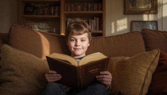 Young boy reading classic book on cozy brown sofa in sunlit living room nook