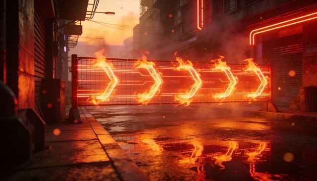 Fiery Neon Chevron Barricade Lighting Rainy Urban Alley with Reflective Puddles