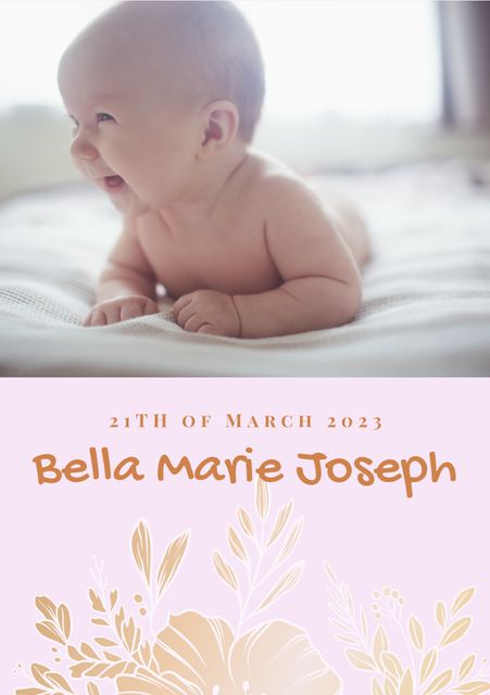 Cute newborn baby announcement featuring a smiling caucasian baby on a soft pink floral background. Personalized with the name Bella Marie Joseph and birth date. Ideal for custom announcements, birth announcements, baby shower invitations, and digital birth announcer posts.