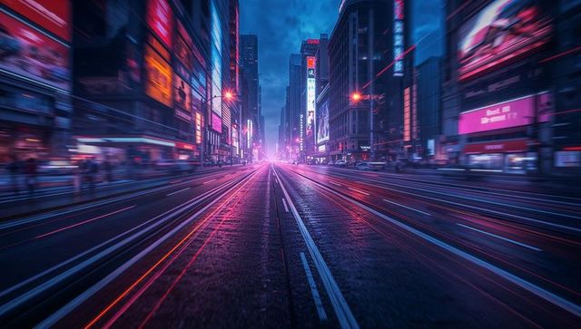 Neon-lit tram tracks stretching into vanishing point at night, wet reflective cityscape