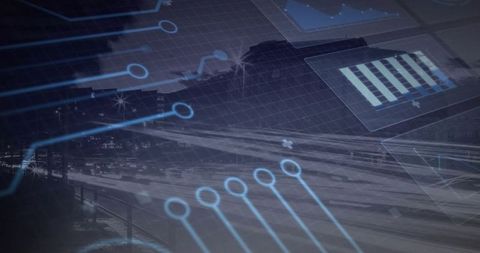Connecting smart city traffic with cyan circuit overlay and nighttime data visualization