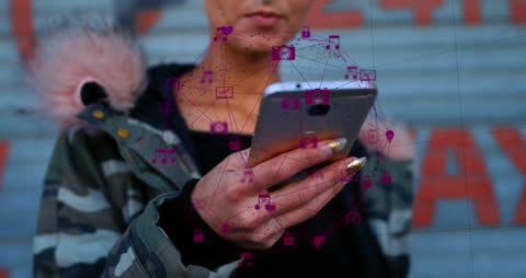Young Woman Using Smartphone with Digital Media Icons Overlay