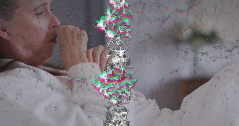 Woman Relaxing in Bathrobe Holding Hand on Face with Digital Abstract Overlay