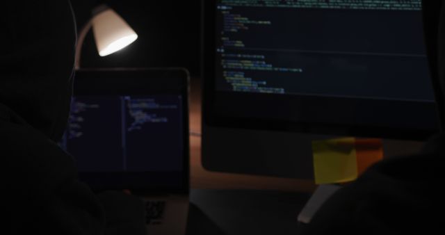 A person is coding in a dark room, with copy space. The dimly lit home office creates a focused atmosphere for the programmer.