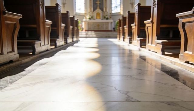 Sunlit marble aisle leading to altar cross in nave with wooden pews and stained glass
