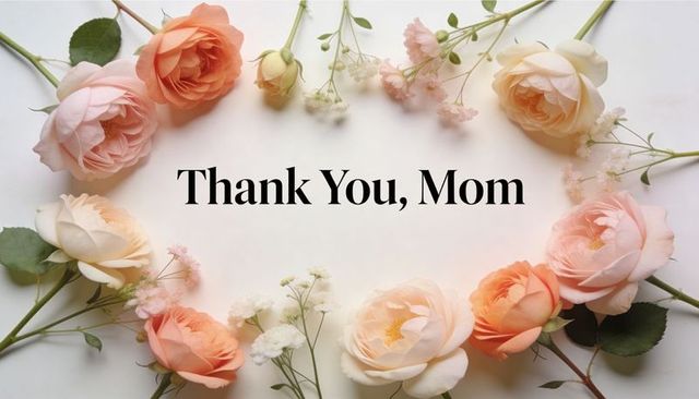 Thank you mom card with peach roses and baby's breath flatlay for mother's day