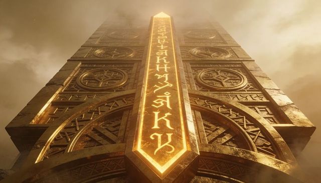Towering golden obelisk stretching into fog with glowing rune panel on ancient temple facade