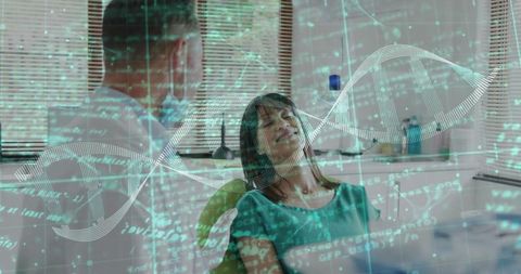 Reclining dental patient receiving exam with clinician and dna hologram overlay
