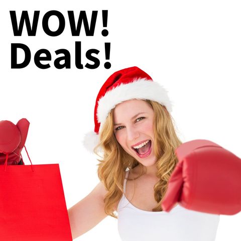 Festive boxing day sale promotion with excited woman in santa hat