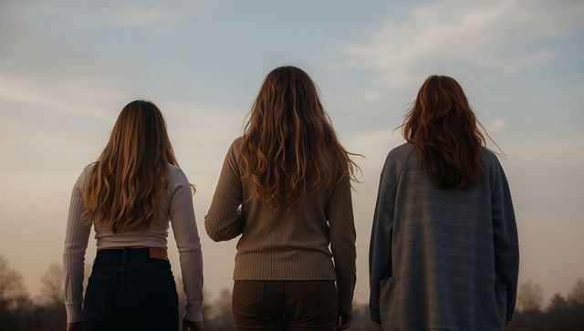 Three women standing facing sunset horizon in meadow at golden hour