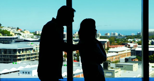 Silhouette of couple interacting with each other near the window in office