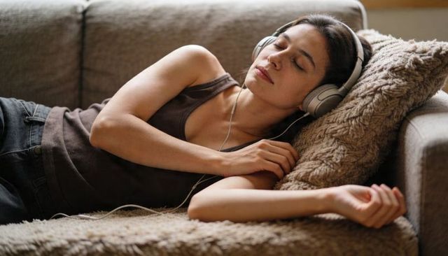 Young woman reclining on plush sofa relaxing and listening to music with wired headphones