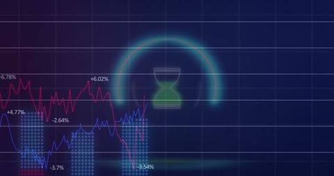 Financial Data with Neon Hourglass and Digital Graph Overlay