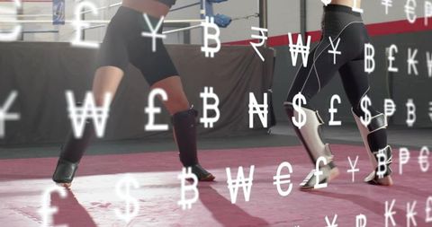 Female fighters sparring and trading kicks with currency symbols overlay in gym ring