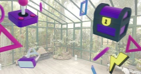 Neon gaming icons floating in sunlit glass conservatory with tropical plants and vr gear