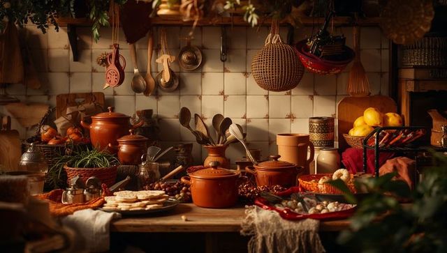 Rustic pantry table showcasing terracotta pots, flatbreads, garlic, chilies and lemons