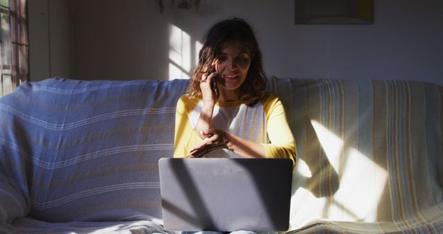 Smiling Woman Working from Home on Laptop - Download Free Stock Images Pikwizard.com