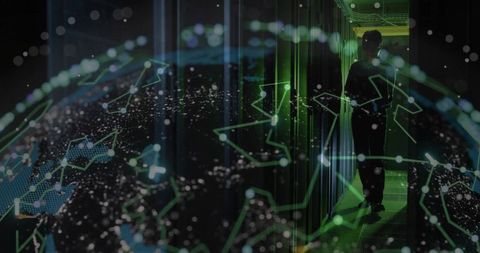 Technician Holding Tablet Scanning Holographic Globe in Neon Server Aisle for Network Analytics