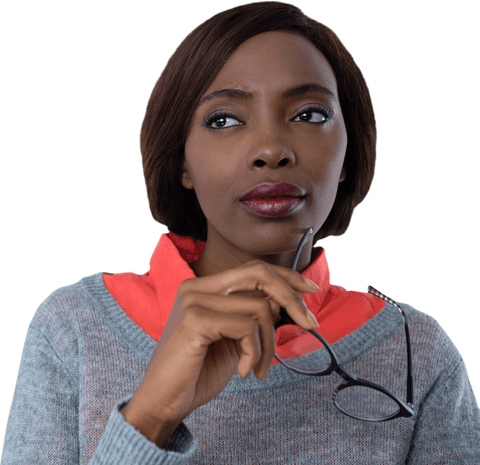 Thoughtful African Woman Holding Eyeglasses on Transparent Background