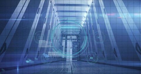 Futuristic Data Center Corridor with Holographic Interface