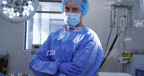 Male surgeon standing with arms crossed in high-tech operating room with HUD overlays
