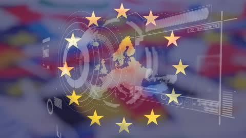 European Union Symbol with Digital Data Analysis Overlay