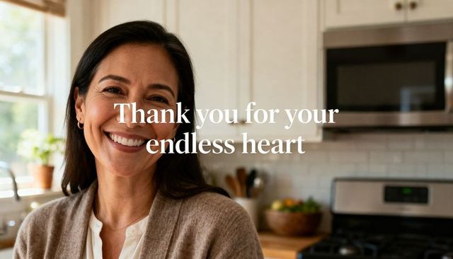 Smiling woman wearing beige cardigan in cozy kitchen with thank you overlay