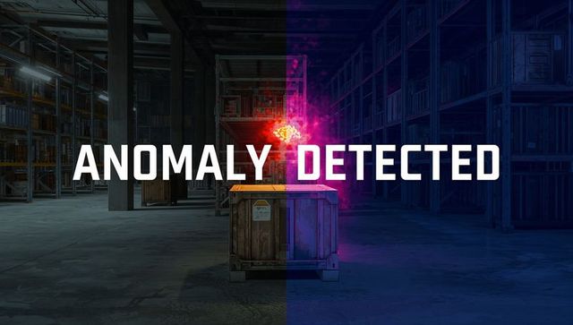 Anomaly detected neon glowing shipping crate in industrial warehouse with ai warning