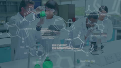 Diverse Scientists Analyzing Data with Overlaying Chemical Formulas